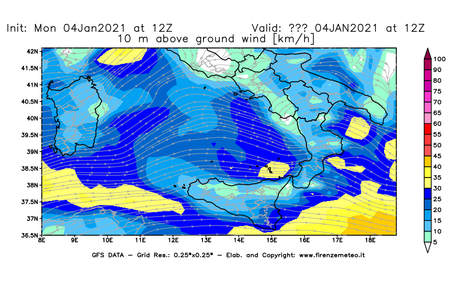Mappa di analisi GFS - Velocità del vento a 10 metri dal suolo [km/h] in Sud-Italia
							del 04/01/2021 12 <!--googleoff: index-->UTC<!--googleon: index-->