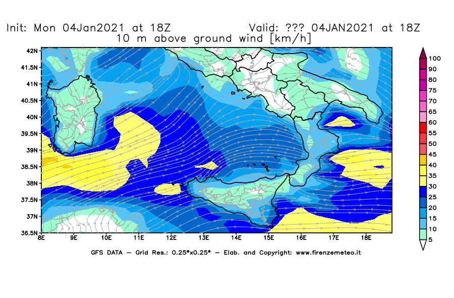 Mappa di analisi GFS - Velocità del vento a 10 metri dal suolo [km/h] in Sud-Italia
									del 04/01/2021 18 <!--googleoff: index-->UTC<!--googleon: index-->