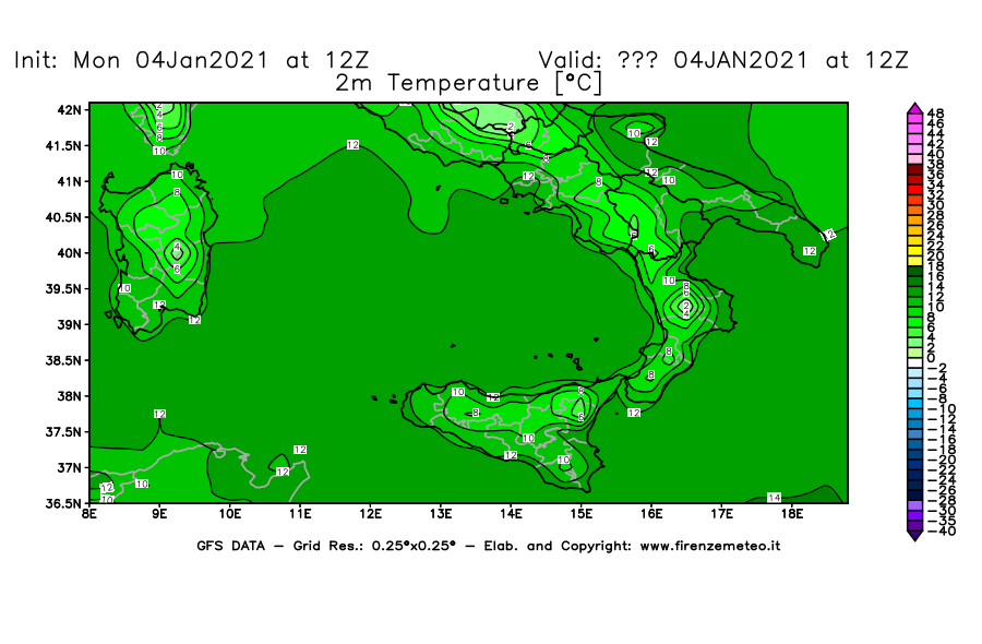 Mappa di analisi GFS - Temperatura a 2 metri dal suolo [°C] in Sud-Italia
							del 04/01/2021 12 <!--googleoff: index-->UTC<!--googleon: index-->