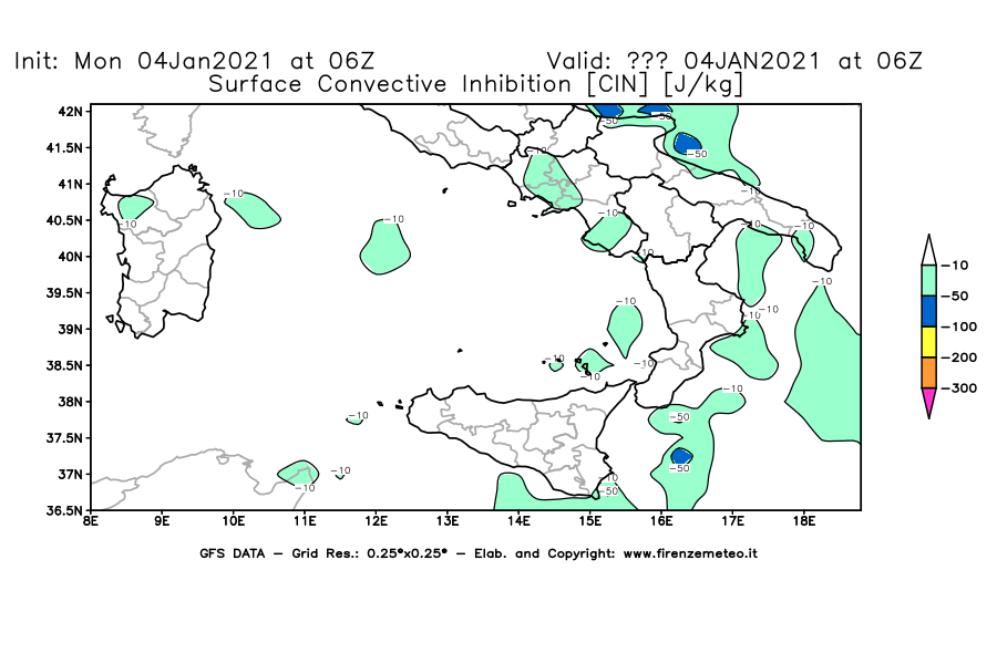 Mappa di analisi GFS - CIN [J/kg] in Sud-Italia
							del 04/01/2021 06 <!--googleoff: index-->UTC<!--googleon: index-->
