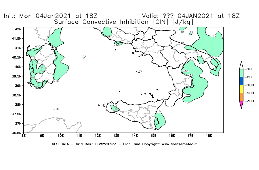 Mappa di analisi GFS - CIN [J/kg] in Sud-Italia
									del 04/01/2021 18 <!--googleoff: index-->UTC<!--googleon: index-->