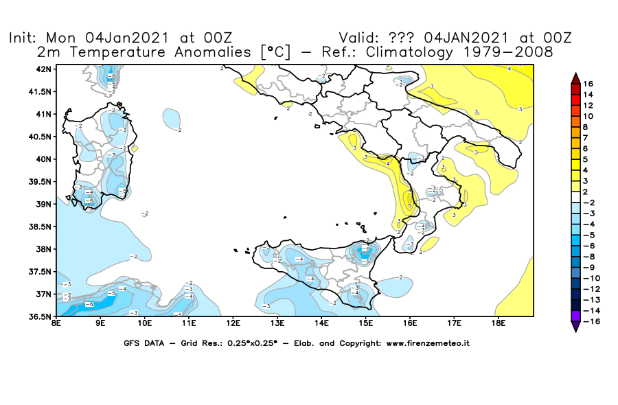 Mappa di analisi GFS - Anomalia Temperatura [°C] a 2 m in Sud-Italia
							del 04/01/2021 00 <!--googleoff: index-->UTC<!--googleon: index-->