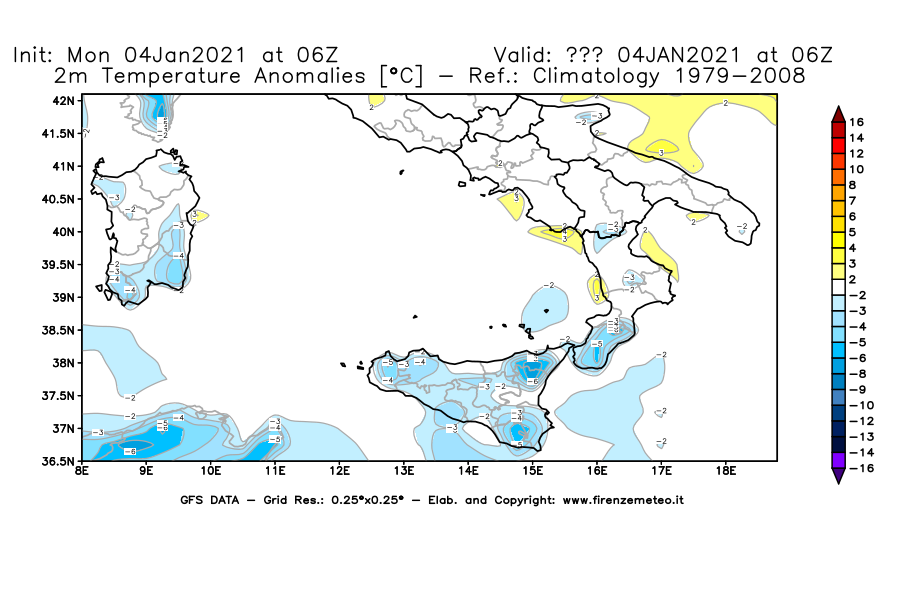 Mappa di analisi GFS - Anomalia Temperatura [°C] a 2 m in Sud-Italia
									del 04/01/2021 06 <!--googleoff: index-->UTC<!--googleon: index-->