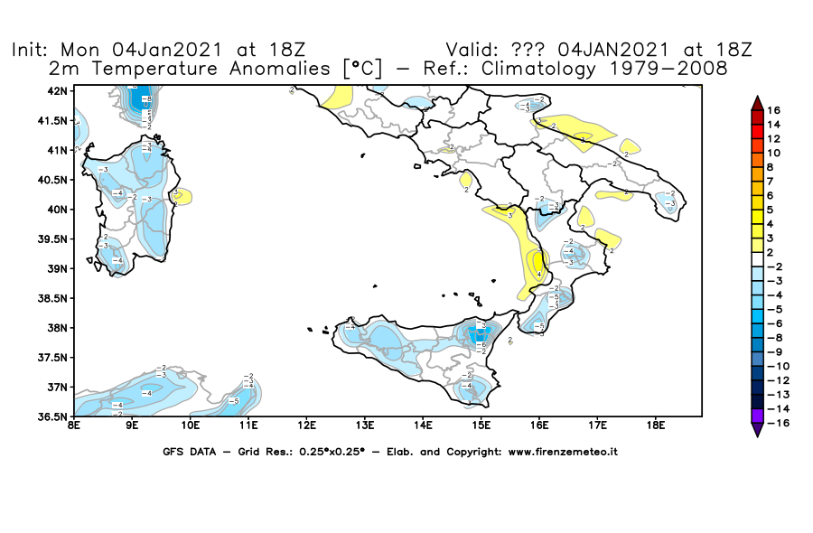 Mappa di analisi GFS - Anomalia Temperatura [°C] a 2 m in Sud-Italia
									del 04/01/2021 18 <!--googleoff: index-->UTC<!--googleon: index-->