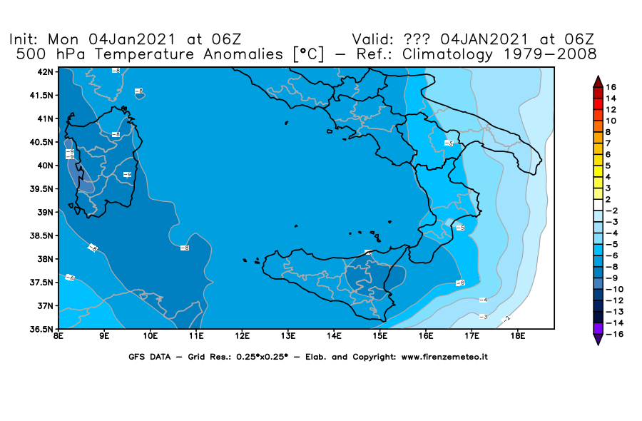 Mappa di analisi GFS - Anomalia Temperatura [°C] a 500 hPa in Sud-Italia
							del 04/01/2021 06 <!--googleoff: index-->UTC<!--googleon: index-->