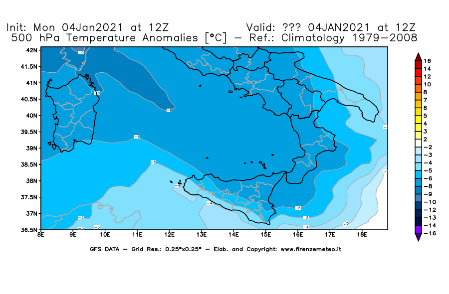 Mappa di analisi GFS - Anomalia Temperatura [°C] a 500 hPa in Sud-Italia
							del 04/01/2021 12 <!--googleoff: index-->UTC<!--googleon: index-->