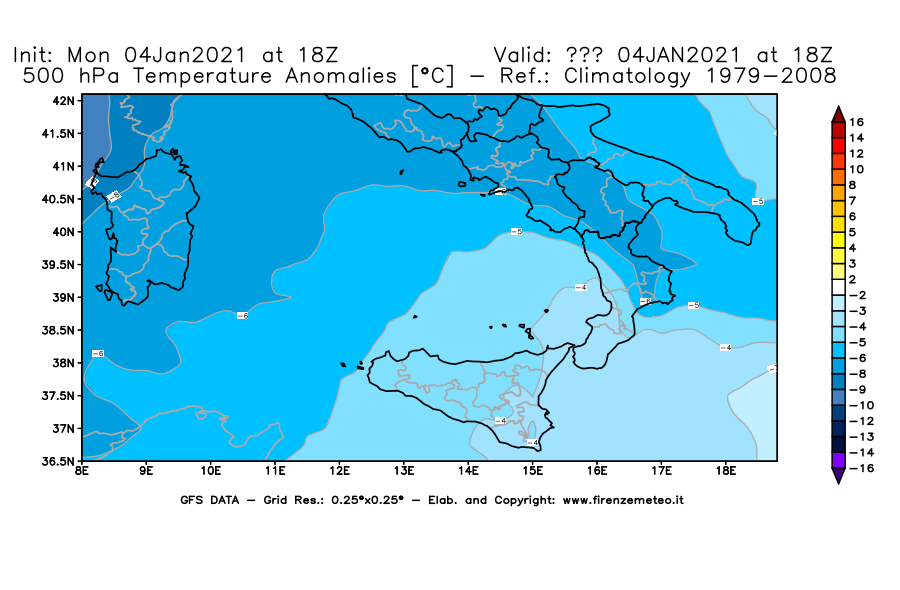 Mappa di analisi GFS - Anomalia Temperatura [°C] a 500 hPa in Sud-Italia
									del 04/01/2021 18 <!--googleoff: index-->UTC<!--googleon: index-->