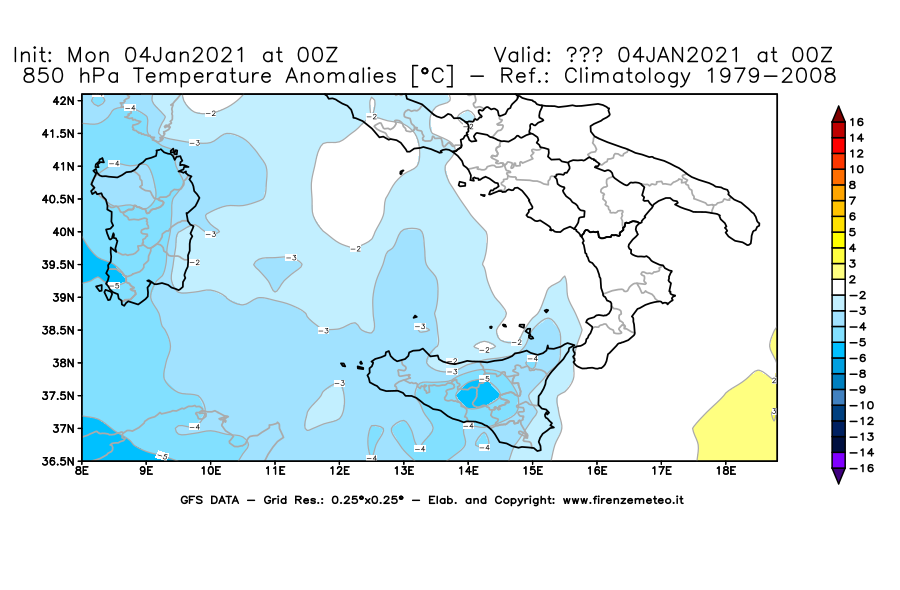 Mappa di analisi GFS - Anomalia Temperatura [°C] a 850 hPa in Sud-Italia
									del 04/01/2021 00 <!--googleoff: index-->UTC<!--googleon: index-->
