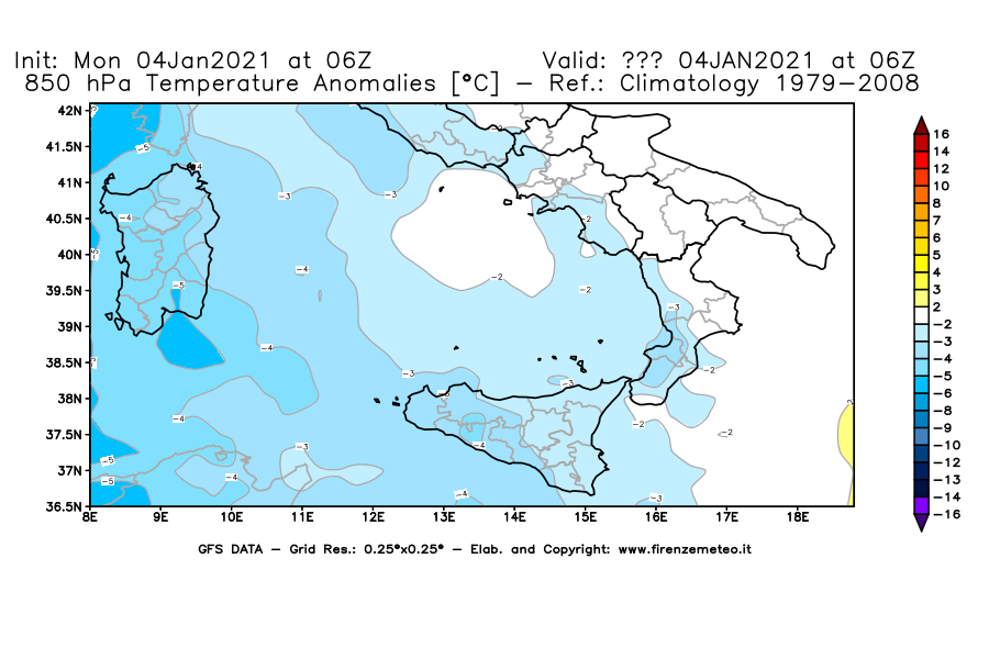 Mappa di analisi GFS - Anomalia Temperatura [°C] a 850 hPa in Sud-Italia
									del 04/01/2021 06 <!--googleoff: index-->UTC<!--googleon: index-->