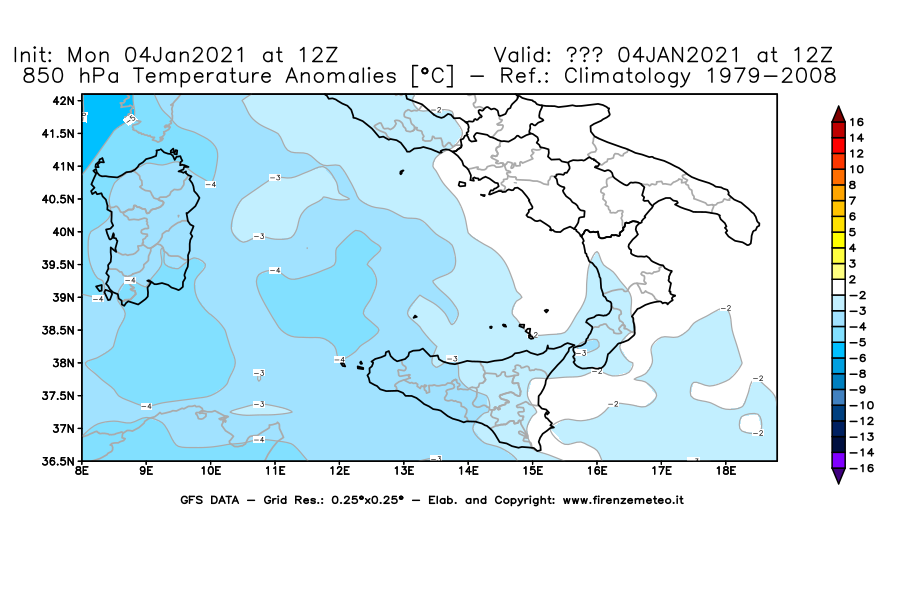 Mappa di analisi GFS - Anomalia Temperatura [°C] a 850 hPa in Sud-Italia
									del 04/01/2021 12 <!--googleoff: index-->UTC<!--googleon: index-->