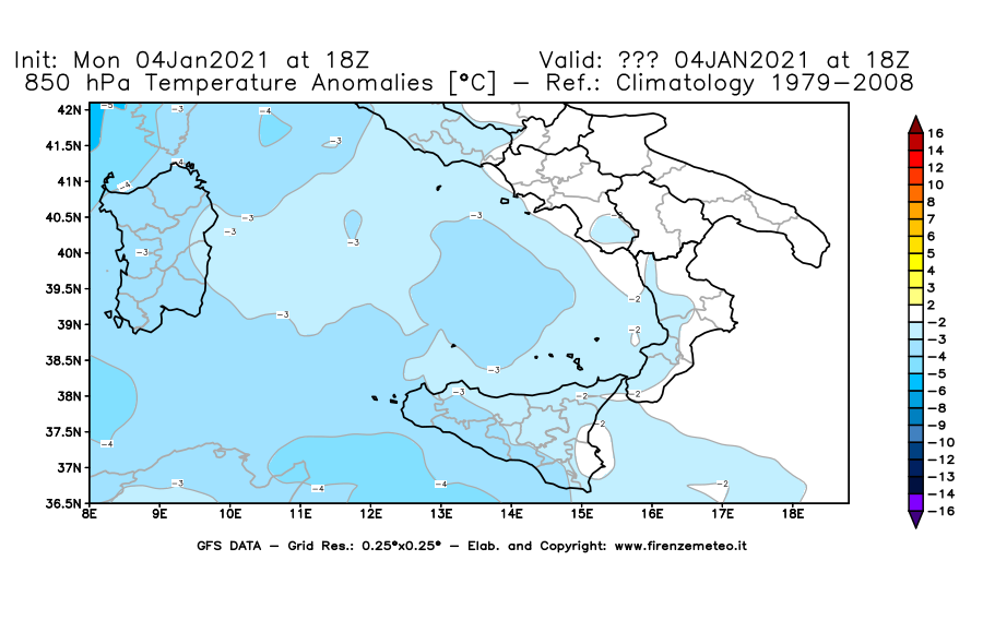 Mappa di analisi GFS - Anomalia Temperatura [°C] a 850 hPa in Sud-Italia
									del 04/01/2021 18 <!--googleoff: index-->UTC<!--googleon: index-->