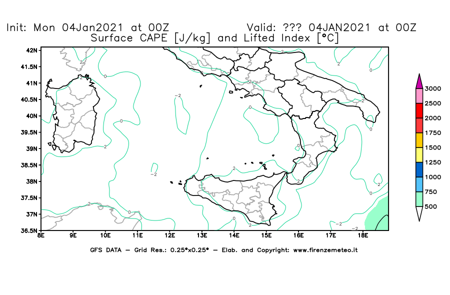 Mappa di analisi GFS - CAPE [J/kg] e Lifted Index [°C] in Sud-Italia
							del 04/01/2021 00 <!--googleoff: index-->UTC<!--googleon: index-->
