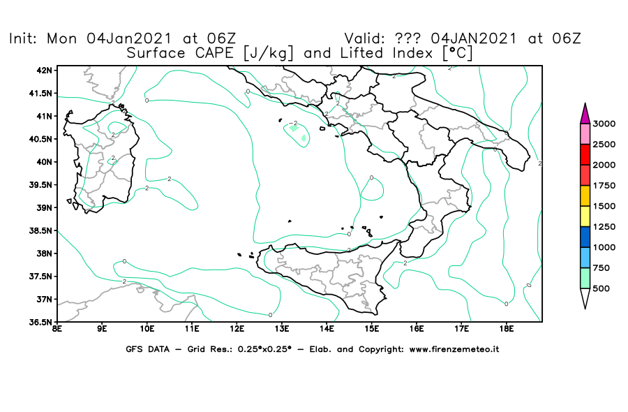 Mappa di analisi GFS - CAPE [J/kg] e Lifted Index [°C] in Sud-Italia
									del 04/01/2021 06 <!--googleoff: index-->UTC<!--googleon: index-->