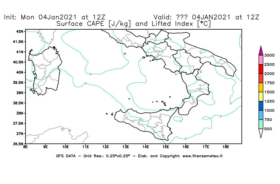 Mappa di analisi GFS - CAPE [J/kg] e Lifted Index [°C] in Sud-Italia
									del 04/01/2021 12 <!--googleoff: index-->UTC<!--googleon: index-->