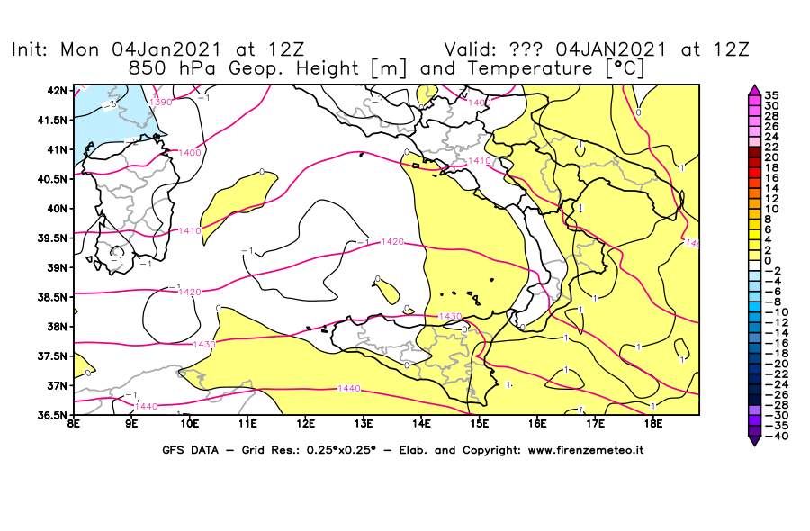 Mappa di analisi GFS - Geopotenziale [m] e Temperatura [°C] a 850 hPa in Sud-Italia
									del 04/01/2021 12 <!--googleoff: index-->UTC<!--googleon: index-->