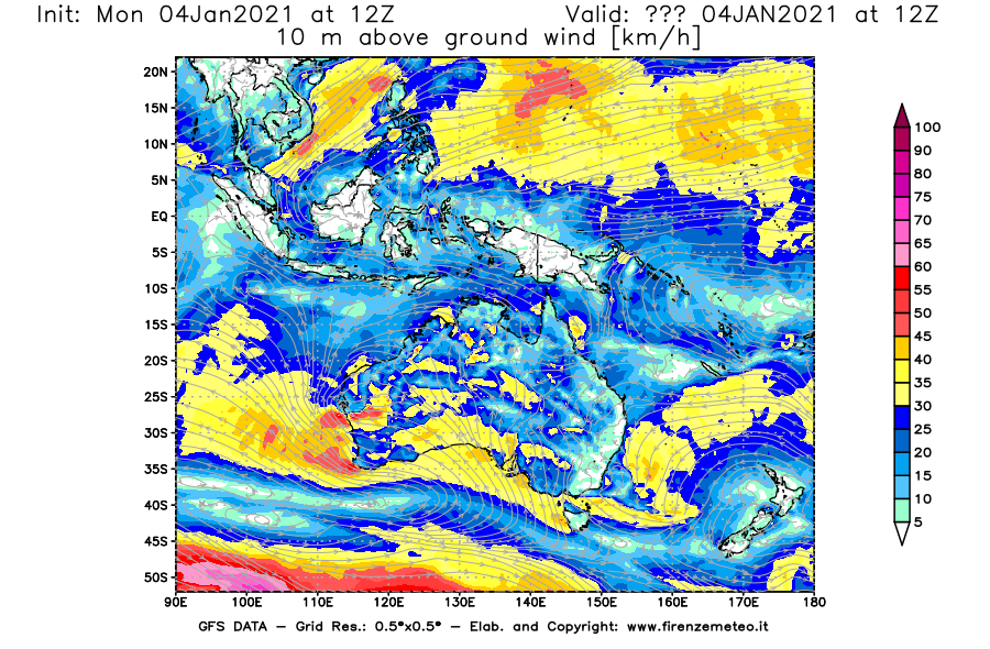 Mappa di analisi GFS - Velocità del vento a 10 metri dal suolo [km/h] in Oceania
							del 04/01/2021 12 <!--googleoff: index-->UTC<!--googleon: index-->