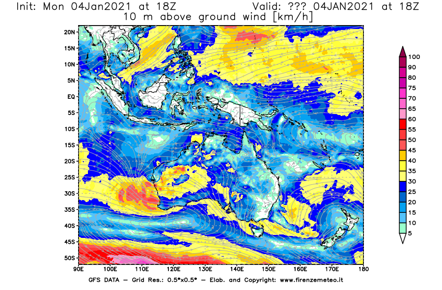 Mappa di analisi GFS - Velocità del vento a 10 metri dal suolo [km/h] in Oceania
							del 04/01/2021 18 <!--googleoff: index-->UTC<!--googleon: index-->