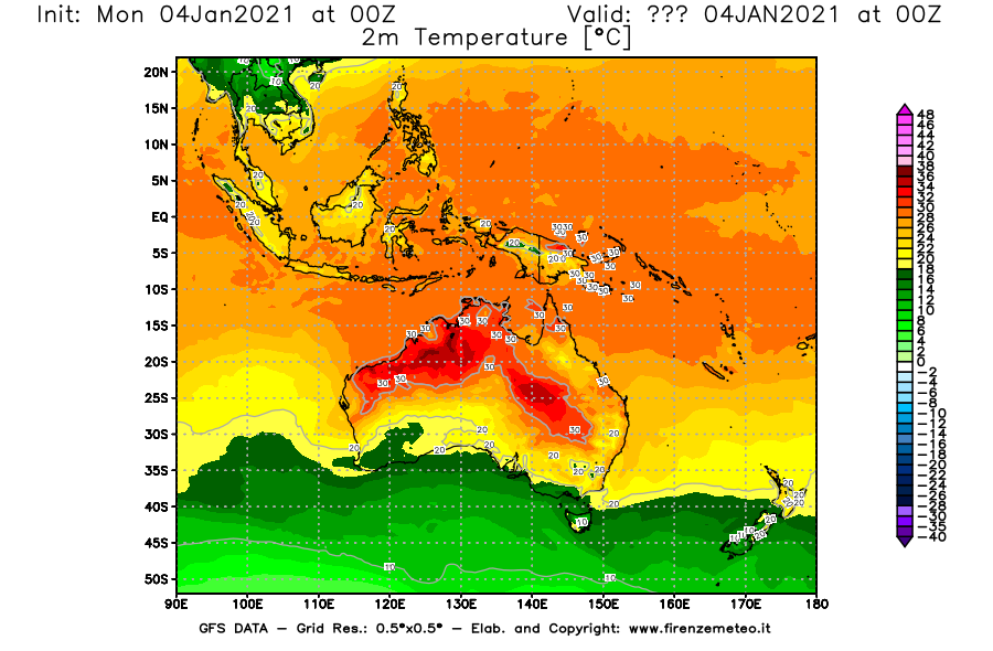 Mappa di analisi GFS - Temperatura a 2 metri dal suolo [°C] in Oceania
									del 04/01/2021 00 <!--googleoff: index-->UTC<!--googleon: index-->
