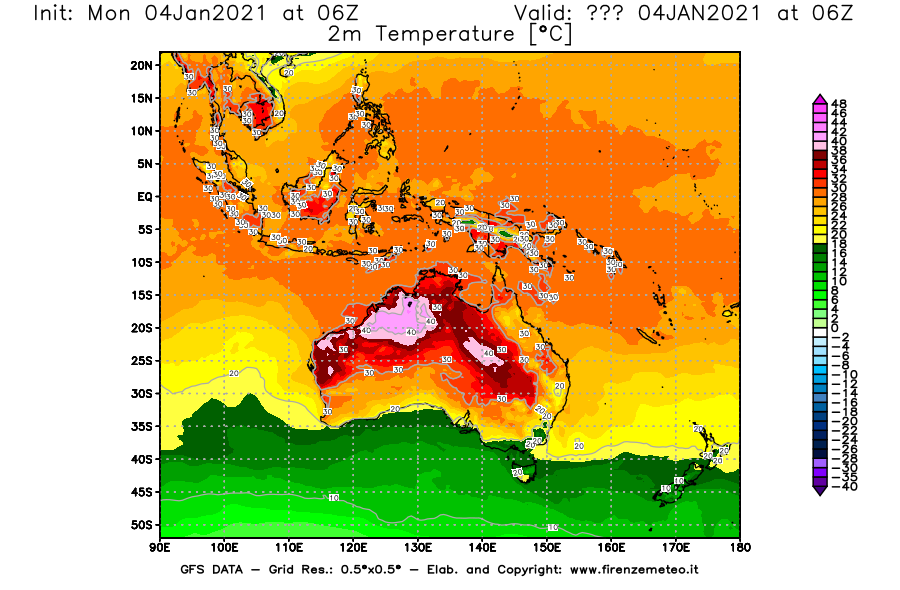 Mappa di analisi GFS - Temperatura a 2 metri dal suolo [°C] in Oceania
							del 04/01/2021 06 <!--googleoff: index-->UTC<!--googleon: index-->