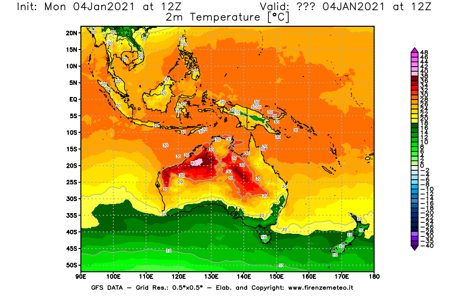 Mappa di analisi GFS - Temperatura a 2 metri dal suolo [°C] in Oceania
									del 04/01/2021 12 <!--googleoff: index-->UTC<!--googleon: index-->
