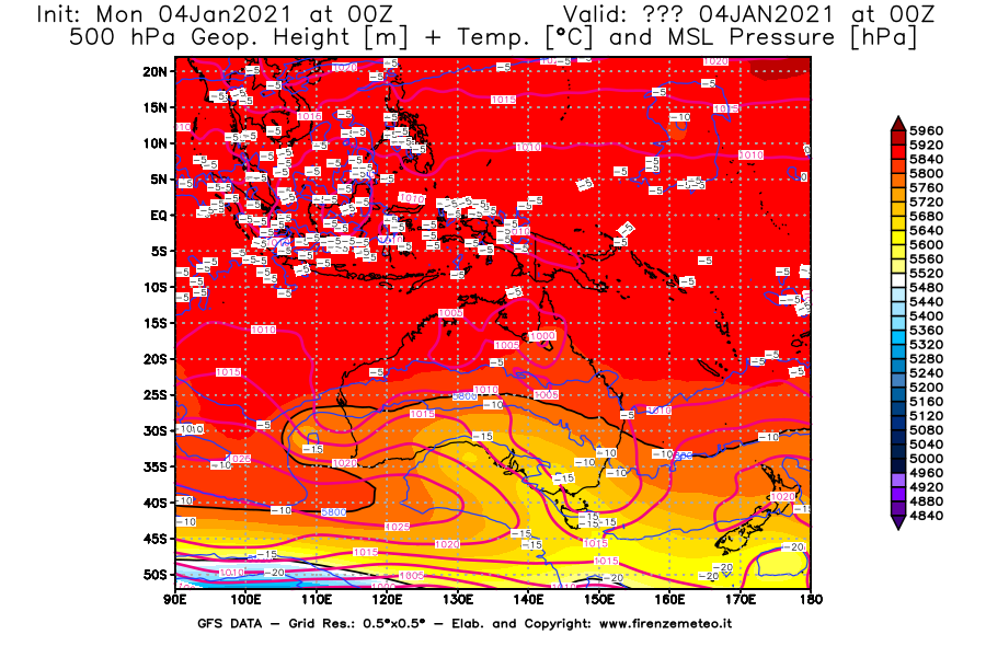 Mappa di analisi GFS - Geopotenziale [m] + Temp. [°C] a 500 hPa + Press. a livello del mare [hPa] in Oceania
									del 04/01/2021 00 <!--googleoff: index-->UTC<!--googleon: index-->