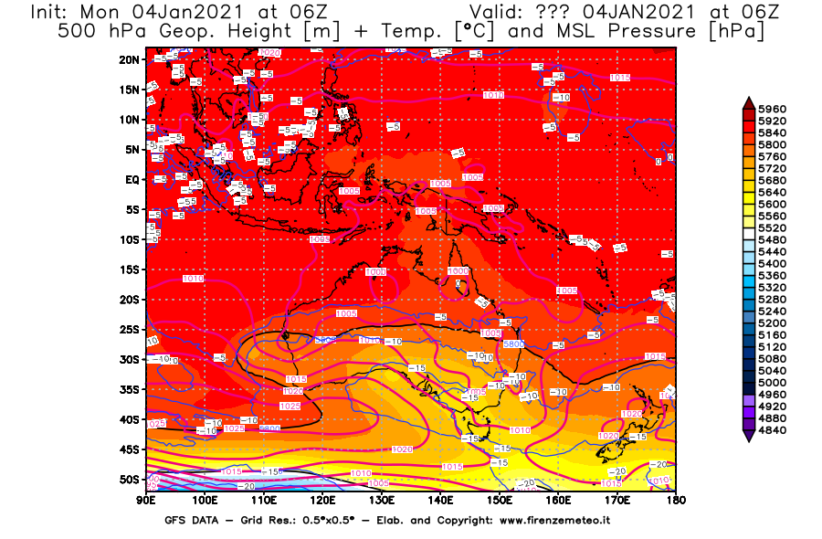 Mappa di analisi GFS - Geopotenziale [m] + Temp. [°C] a 500 hPa + Press. a livello del mare [hPa] in Oceania
									del 04/01/2021 06 <!--googleoff: index-->UTC<!--googleon: index-->