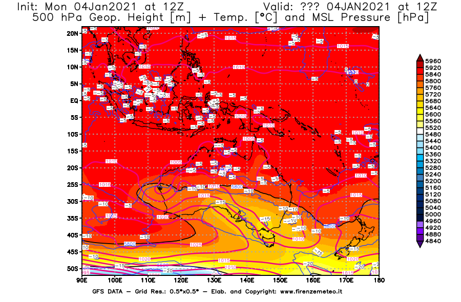 Mappa di analisi GFS - Geopotenziale [m] + Temp. [°C] a 500 hPa + Press. a livello del mare [hPa] in Oceania
									del 04/01/2021 12 <!--googleoff: index-->UTC<!--googleon: index-->