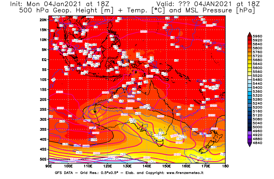 Mappa di analisi GFS - Geopotenziale [m] + Temp. [°C] a 500 hPa + Press. a livello del mare [hPa] in Oceania
									del 04/01/2021 18 <!--googleoff: index-->UTC<!--googleon: index-->