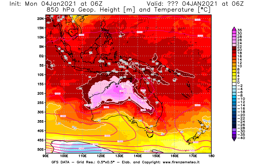 Mappa di analisi GFS - Geopotenziale [m] e Temperatura [°C] a 850 hPa in Oceania
							del 04/01/2021 06 <!--googleoff: index-->UTC<!--googleon: index-->