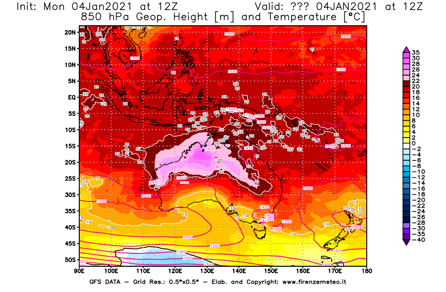 Mappa di analisi GFS - Geopotenziale [m] e Temperatura [°C] a 850 hPa in Oceania
									del 04/01/2021 12 <!--googleoff: index-->UTC<!--googleon: index-->