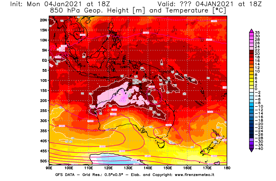 Mappa di analisi GFS - Geopotenziale [m] e Temperatura [°C] a 850 hPa in Oceania
									del 04/01/2021 18 <!--googleoff: index-->UTC<!--googleon: index-->