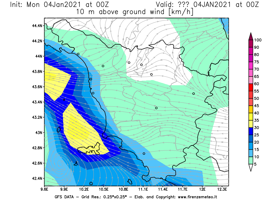 Mappa di analisi GFS - Velocità del vento a 10 metri dal suolo [km/h] in Toscana
									del 04/01/2021 00 <!--googleoff: index-->UTC<!--googleon: index-->