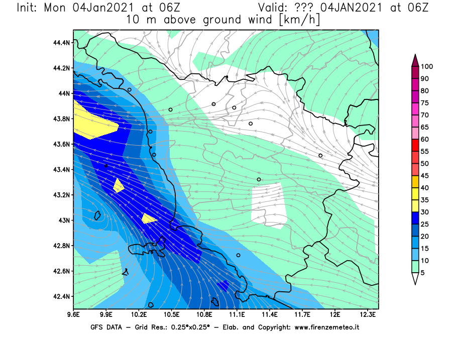 Mappa di analisi GFS - Velocità del vento a 10 metri dal suolo [km/h] in Toscana
									del 04/01/2021 06 <!--googleoff: index-->UTC<!--googleon: index-->