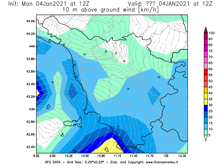 Mappa di analisi GFS - Velocità del vento a 10 metri dal suolo [km/h] in Toscana
									del 04/01/2021 12 <!--googleoff: index-->UTC<!--googleon: index-->