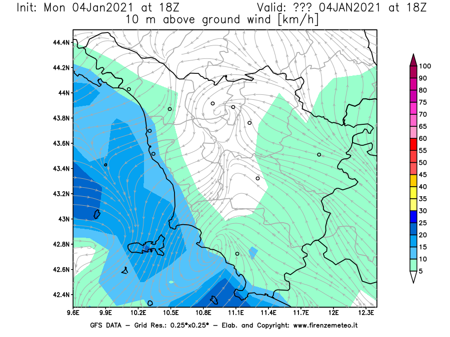 Mappa di analisi GFS - Velocità del vento a 10 metri dal suolo [km/h] in Toscana
									del 04/01/2021 18 <!--googleoff: index-->UTC<!--googleon: index-->