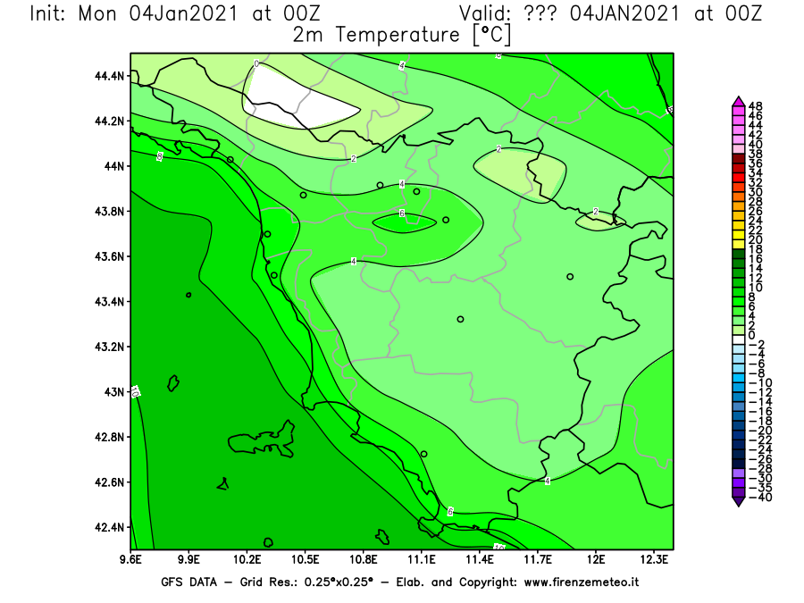 Mappa di analisi GFS - Temperatura a 2 metri dal suolo [°C] in Toscana
									del 04/01/2021 00 <!--googleoff: index-->UTC<!--googleon: index-->