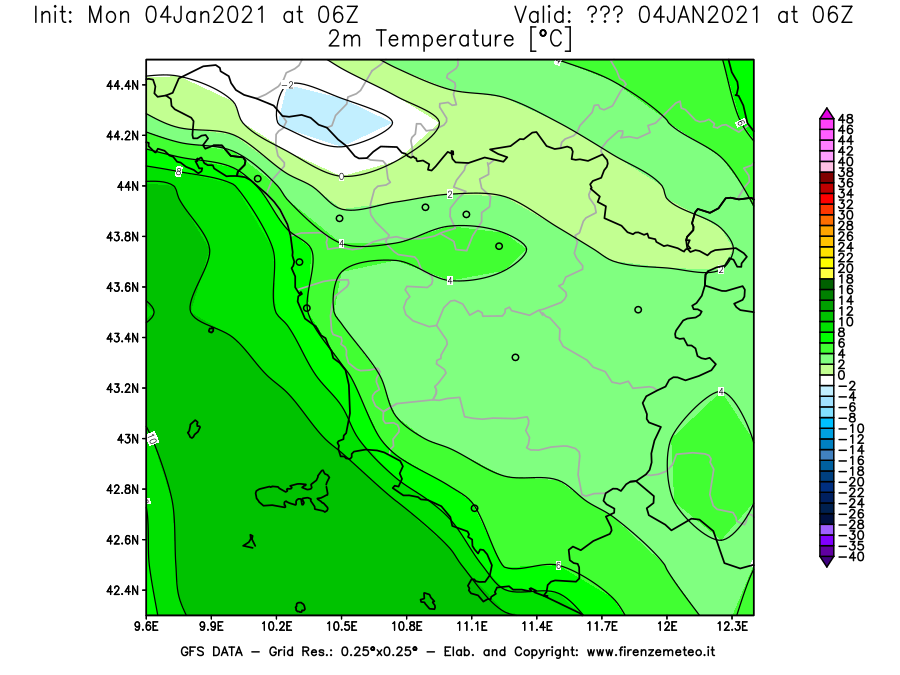 Mappa di analisi GFS - Temperatura a 2 metri dal suolo [°C] in Toscana
									del 04/01/2021 06 <!--googleoff: index-->UTC<!--googleon: index-->
