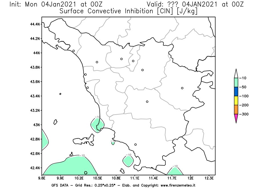 Mappa di analisi GFS - CIN [J/kg] in Toscana
							del 04/01/2021 00 <!--googleoff: index-->UTC<!--googleon: index-->