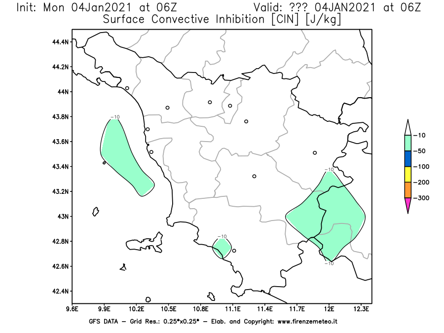 Mappa di analisi GFS - CIN [J/kg] in Toscana
									del 04/01/2021 06 <!--googleoff: index-->UTC<!--googleon: index-->