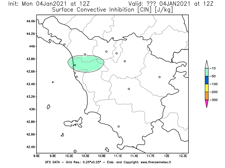 Mappa di analisi GFS - CIN [J/kg] in Toscana
									del 04/01/2021 12 <!--googleoff: index-->UTC<!--googleon: index-->