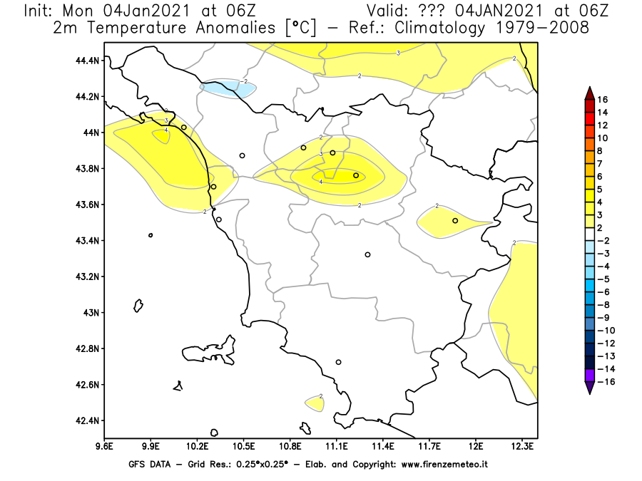 Mappa di analisi GFS - Anomalia Temperatura [°C] a 2 m in Toscana
									del 04/01/2021 06 <!--googleoff: index-->UTC<!--googleon: index-->