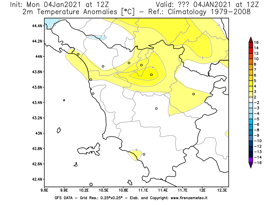 Mappa di analisi GFS - Anomalia Temperatura [°C] a 2 m in Toscana
									del 04/01/2021 12 <!--googleoff: index-->UTC<!--googleon: index-->