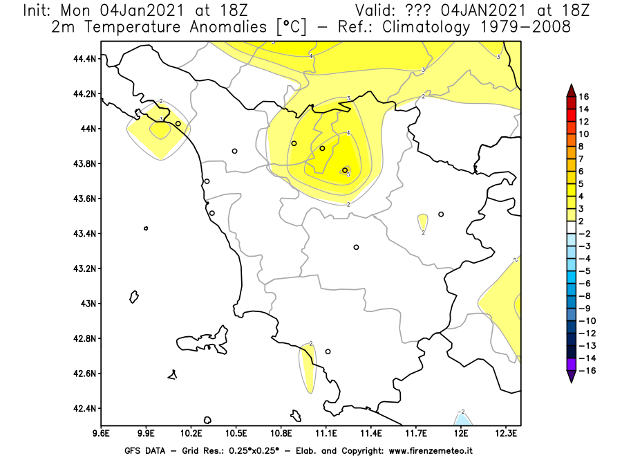 Mappa di analisi GFS - Anomalia Temperatura [°C] a 2 m in Toscana
									del 04/01/2021 18 <!--googleoff: index-->UTC<!--googleon: index-->