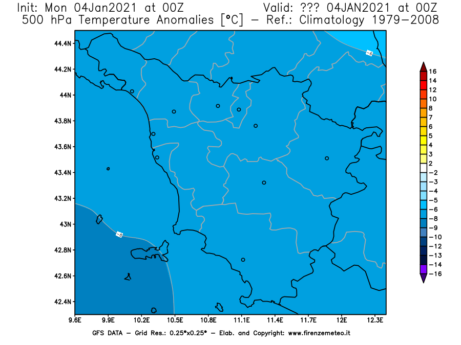 Mappa di analisi GFS - Anomalia Temperatura [°C] a 500 hPa in Toscana
							del 04/01/2021 00 <!--googleoff: index-->UTC<!--googleon: index-->