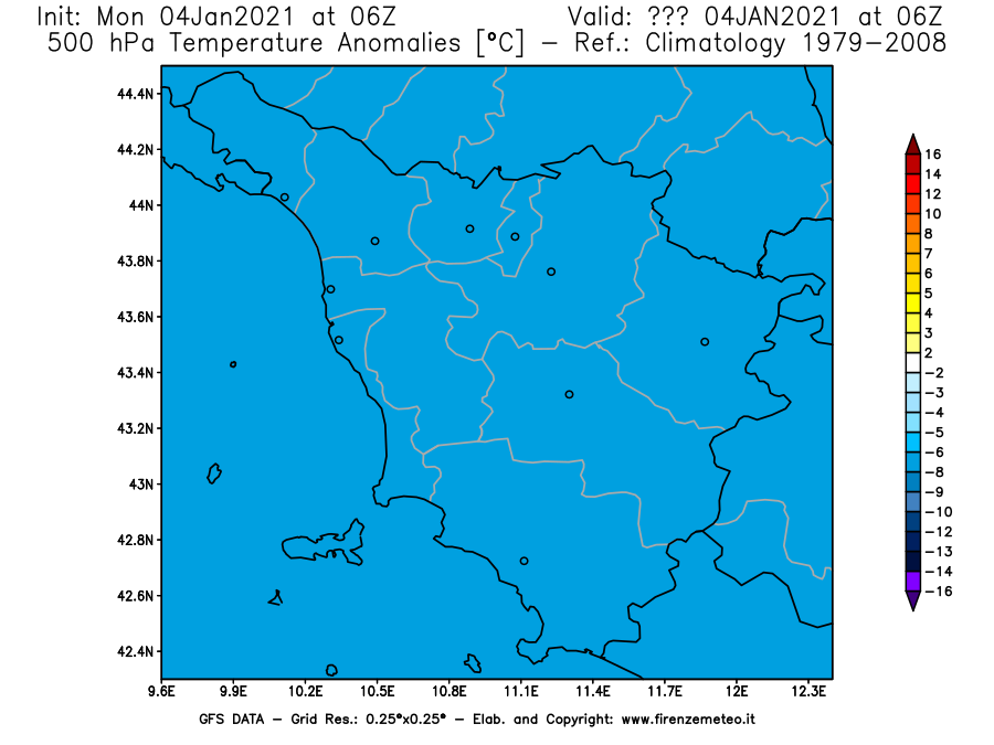 Mappa di analisi GFS - Anomalia Temperatura [°C] a 500 hPa in Toscana
									del 04/01/2021 06 <!--googleoff: index-->UTC<!--googleon: index-->
