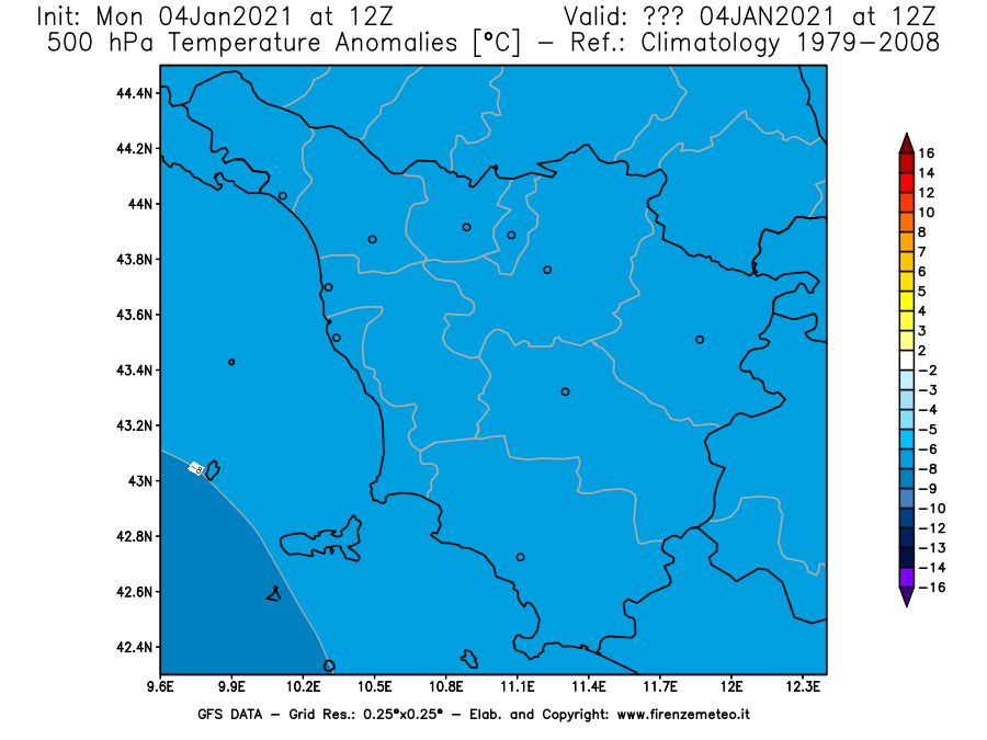 Mappa di analisi GFS - Anomalia Temperatura [°C] a 500 hPa in Toscana
							del 04/01/2021 12 <!--googleoff: index-->UTC<!--googleon: index-->
