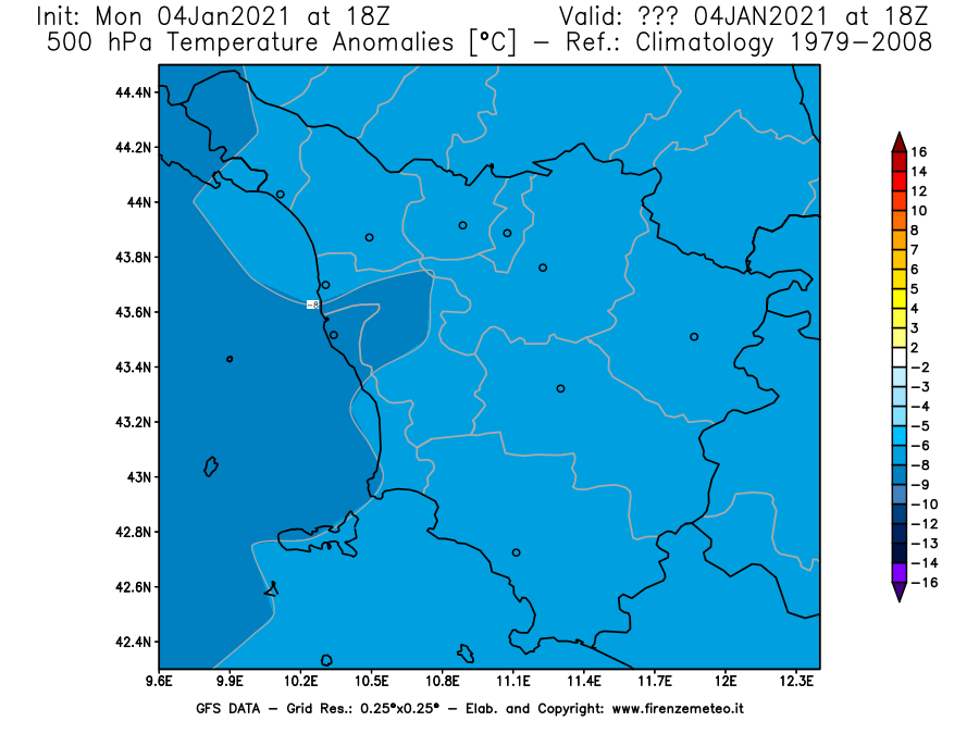 Mappa di analisi GFS - Anomalia Temperatura [°C] a 500 hPa in Toscana
							del 04/01/2021 18 <!--googleoff: index-->UTC<!--googleon: index-->