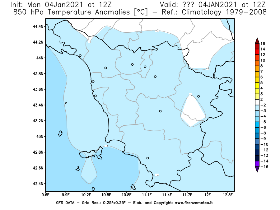 Mappa di analisi GFS - Anomalia Temperatura [°C] a 850 hPa in Toscana
									del 04/01/2021 12 <!--googleoff: index-->UTC<!--googleon: index-->