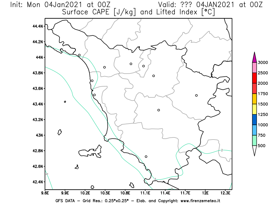 Mappa di analisi GFS - CAPE [J/kg] e Lifted Index [°C] in Toscana
									del 04/01/2021 00 <!--googleoff: index-->UTC<!--googleon: index-->