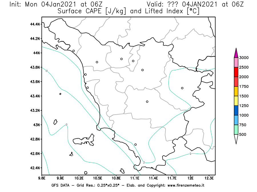 Mappa di analisi GFS - CAPE [J/kg] e Lifted Index [°C] in Toscana
							del 04/01/2021 06 <!--googleoff: index-->UTC<!--googleon: index-->